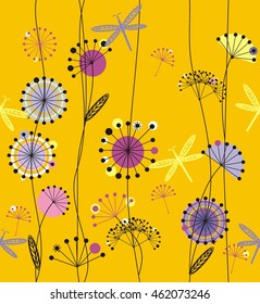 Dandelions flowers white, pink, purple, violet, black and yellow with leaves  a seamless pattern on a yellow background.