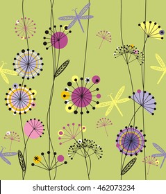 Dandelions flowers white, pink, violet, purple, black and yellow with leaves  a seamless pattern on a light green background.