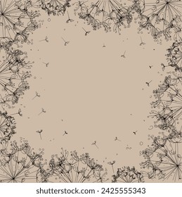 dandelions and flying seeds along the edges of the composition on a beige background, on a tea background, the illustration is hand-drawn, a linear drawing with a black line. vector illustration eps10