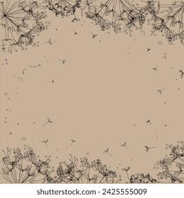 Dandelions and flying seeds along the horizontal edges of the composition on a beige background. , vector design, illustration, 10 EPS
