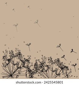 Dandelions and flying seeds at the bottom of the composition on a beige background, hand drawing, contour drawing, black lines, card, invitation, vector design, illustration, 10 ESP