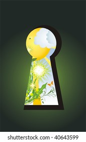 Dandelions and grass in the keyhole. Vector