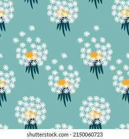 Dandelions hand drawn vector illustration. White flowers on a green background. Floral seamless pattern.