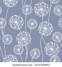 Dandelions with hearts for lovers. Elegant seamless pattern with stylized summer flowers. Modern floral design. Fancy holiday print. Meadow wild flowers on grey background. Vector.