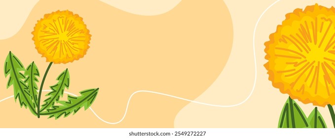 Dandelions illustration with yellow background. Spring banner with copy space for text. Use as a backdrop for greeting cards, invitations, banners, posters, or digital designs