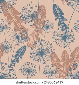 Dientes de león y hojas sin patrón. Siluetas de flores silvestres de prado en colores retro. Vector. Diseño floral elegante del verano para los textiles caseros, los interiores, las sábanas, la tela del algodón, el papel de envoltura.