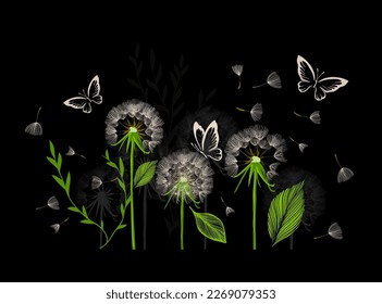 Dandelions on a black background. Hello Spring. Vector illustration. Floral background with dandelion blowing plant.