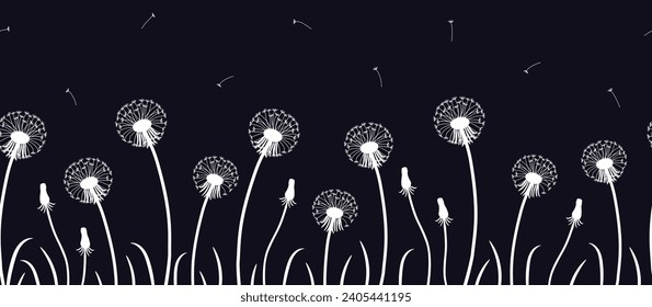 Dandelions con fondo negro. Frontera perfecta. Siluetas blancas de flores de león. Fondo de primavera. Ilustración del vector