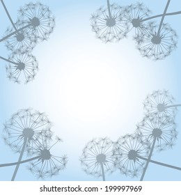Dandelions on a blue sky background. EPS vector image. Plant motif, flower and seeds. Decorative graphics for printing. Romantic vision of the end of summer. Flight into the unknown.