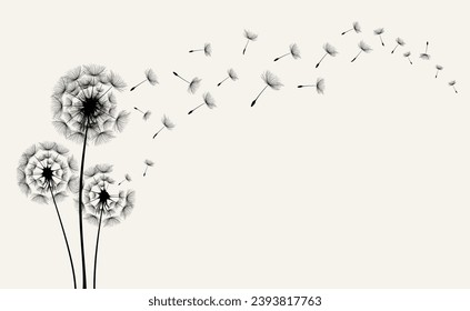 Dandelions sobre el fondo crema. Vector dandelion.Tarjeta con flores abstractas, dientes de león