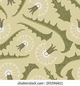 dandelions on a green background in seamless pattern