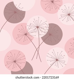 Dandelions de fondo rosado. Vector de Dandelion. Fondo con flores abstractas, dientes de león.	