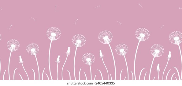 Dandelions on pink background. Seamless border. White silhouettes of dandelion flowers. Spring background. Vector illustration