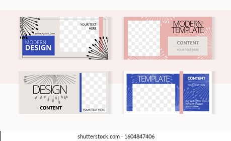 Dandelions on soft color background  set horizontal banner templates with frame for images. Modern style blue and pink elements.