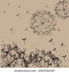 dandelions on a tea-colored background.beige background.hand drawn .linear design.scattering seeds. design.dandelions in perspective.vector illustration EPS10