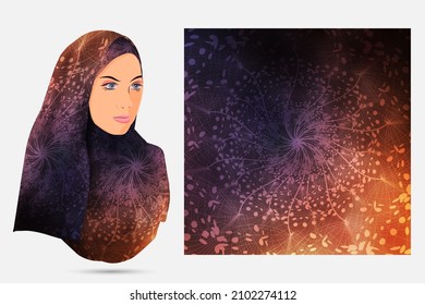 Dandelions pattern hijab design with illustration model, Scarf fabric texture