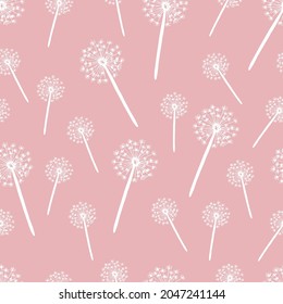 Dandelions pattern, white dandelions texture, doodle dandelion seamless pattern, dandelion on rose color background, vector texture in pastel colors, wildflowers pattern, dandelions pattern for fabric