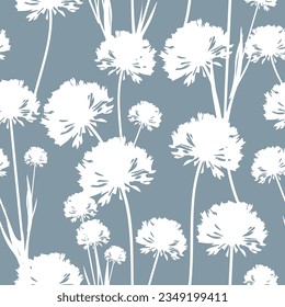 Dandelions seamless pattern. Meadow wild flowers silhouettes on a dark background. Vector. Modern summer elegant floral design for home textiles, interiors, linens, cotton fabric, wrapping paper.