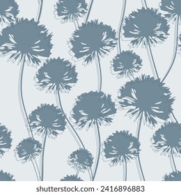 Dandelions seamless pattern. Meadow wild flowers silhouettes on a light background. Modern summer elegant floral design for home textiles, interiors, linens, cotton fabric, wrapping paper