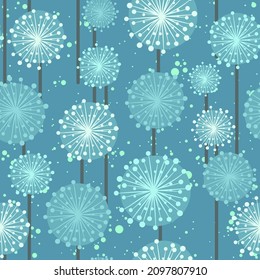 Dandelions seamless pattern with seeds and stems. Meadow and wild flowers repeat blue background. Fluffy and white floral vector with make a wish concept.