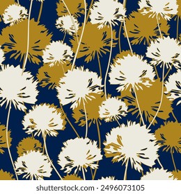 Dientes de león sin patrón. Siluetas de flores silvestres de prado blanco y dorado sobre un fondo oscuro. Vector. Diseño floral elegante moderno del verano para los textiles, interiores, tela, Fondo de pantalla, papel de embalaje