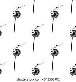 Dandelions, seamless pattern for your design. A hand drawn, sketched flower. Black and white illustration