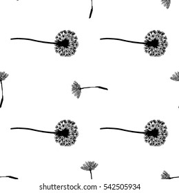Dandelions, seamless pattern for your design. A hand drawn, sketched flower. Black and white illustration