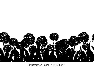 Dandelions silhouettes endless border on white background