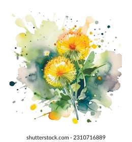 Dandelions. Watercolor beautiful dandelion flowers pattern. Dirty watercolor background with splash, spots, splatters. Hand drawn painted blossom dandelion flowers, leaves. Artistic ornament. Element.