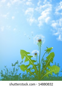 dandelions in wind on light blue background