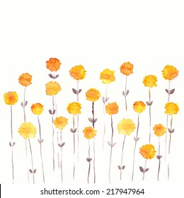 Dandelions. Yellow flowers. Watercolor floral bouquet. Floral background. Birthday card.