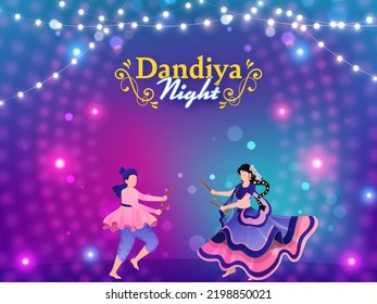 Dandiya Night Celebration Background Decorated With Lighting Garland And Faceless Indian Couple Dancing Together. svg