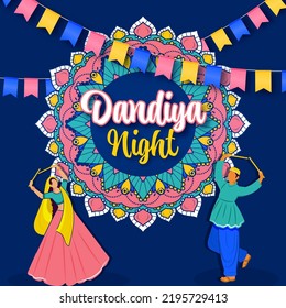 Dandiya Night Celebration Concept With Faceless Indian Couple Dancing, Mandala Frame And Bunting Flags Decorated On Blue Background.
