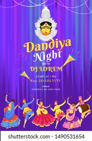 Dandiya Night DJ party invitation card design with illustration of couple dancing and event detail on glossy purple background.