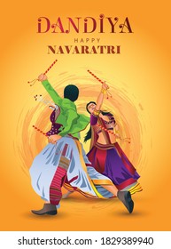 Dandiya night, happy Navratri Graba mahotsav poster, Indian couple playing Garba. vector illustration