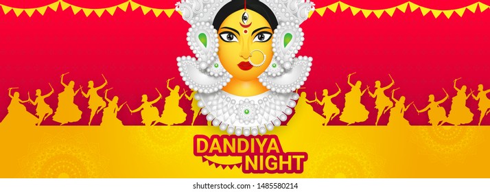 Dandiya Night header or banner design with illustration of Goddess Durga Maa and people dandiya dance on red and yellow background.