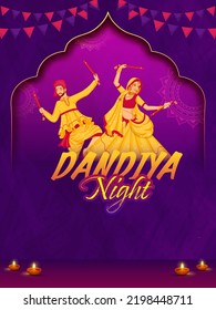 Dandiya Night Party Flyer Design With Indian Couple Dancer, Lit Oil Lamps (Diya) And Bunting Flags On Purple Mandala Background.