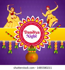 Dandiya Night party poster or template design with illustration of couple dandiya dance and worship kalash on purple background.