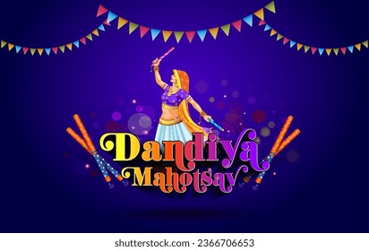 Dandiya utsav Indian traditional festival of dance on Navratri Puja day. 3d Typography with dandiya dancer on blue background. svg