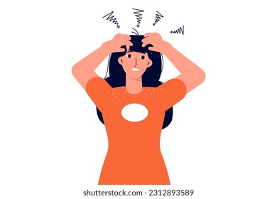 Dandruff, cabeza y concepto picante. Mujer nerviosa rascando su picante cuero cabelludo. Ilustración vectorial.