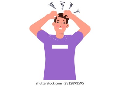 Dandruff, cabeza y concepto picante. Hombre nervioso rascando su picante cuero cabelludo. Ilustración vectorial.