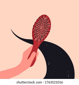 Dandruff on brush vector design. Damaged hair problem. Trichologist consultation poster.