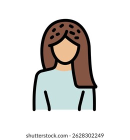 Dandruff on the Head of pretty Woman. Disease and Treatment of the Scalp and Hair. Symptoms of dandruff. Hair care, treatment, beauty color icon. For website marketing design, logo, app, template, ui,