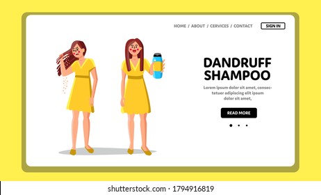 Dandruff Shampoo For Treat Hair Problem Vector. Young Woman Holding Dandruff Shampoo Head Skincare Cosmetic Liquid. Character Treatment Dermatology Disease Web Flat Cartoon Illustration