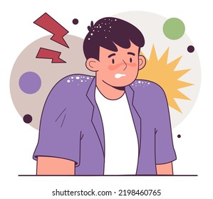 Dandruff. Skin Flakes, Character With Itchy And Dry Scalp. Stressed And Embarrassed Person With Hair Problem. Flat Vector Illustration