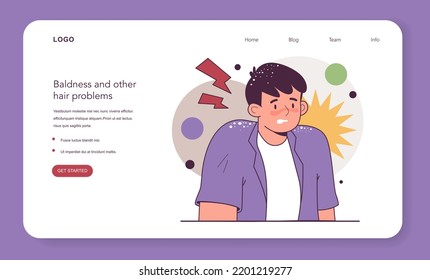 Dandruff web banner or landing page. Skin flakes, character with itchy and dry scalp. Stressed and embarrassed person with hair problem. Flat vector illustration