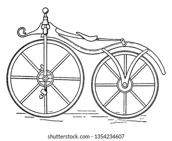 Dandy Horse was a two wheeled vehicle propelled by the rider feet, vintage line drawing or engraving illustration.