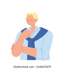 A dandy-style blond-haired man with a knitwear on his shoulder is posing in a thinking pose. flat design style vector illustration.