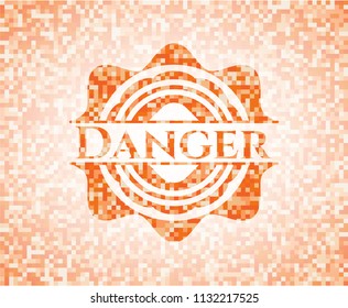 Danger abstract emblem, orange mosaic background