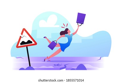 Danger Accident on Bad Road Concept. Female Character Stumble and Falling on Broken Roadside with Cracked Asphalt. Woman Tuck Foot Fell Pain in Leg. Dangerous Trauma. Cartoon Vector Illustration